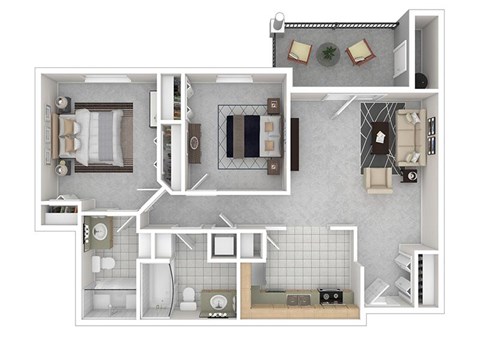 Floor plan for 2 beds, 2 baths, 897 sqft